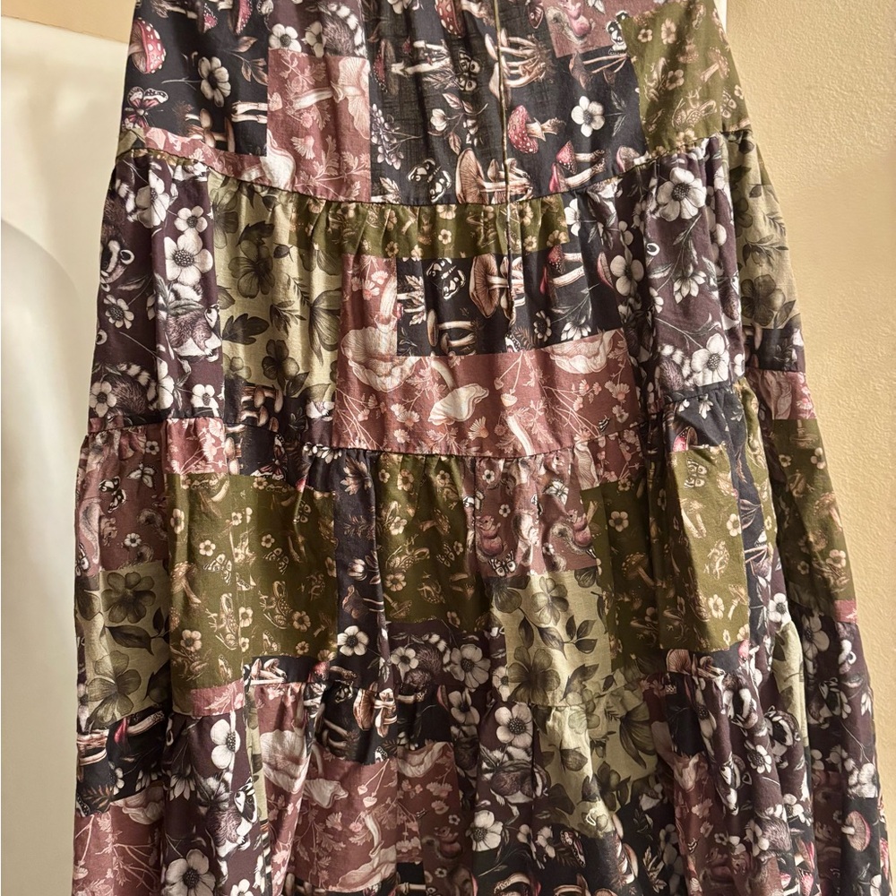 Forest Creature Patchwork Skirt with Mushrooms, Flora, Frogs, Raccoons